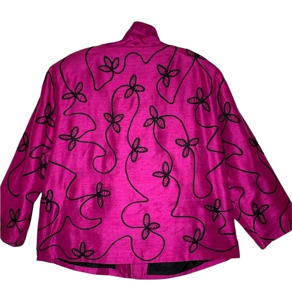 Anage Women’s Silk Fuchsia Pink Black Embroidered Full Zip Blazer Jacket Size 2X - Picture 4 of 15